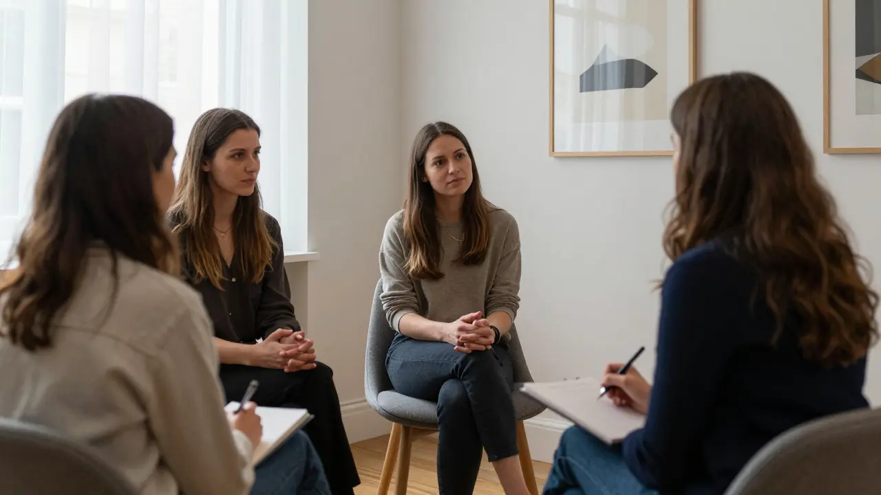 Three women in a calm interview setting, one listening deeply as another shares a personal story.