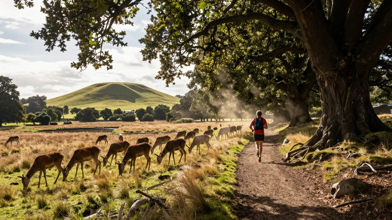 Trail runner ascending a wooded path in Richmond Park with deer grazing nearby under dappled sunlight.