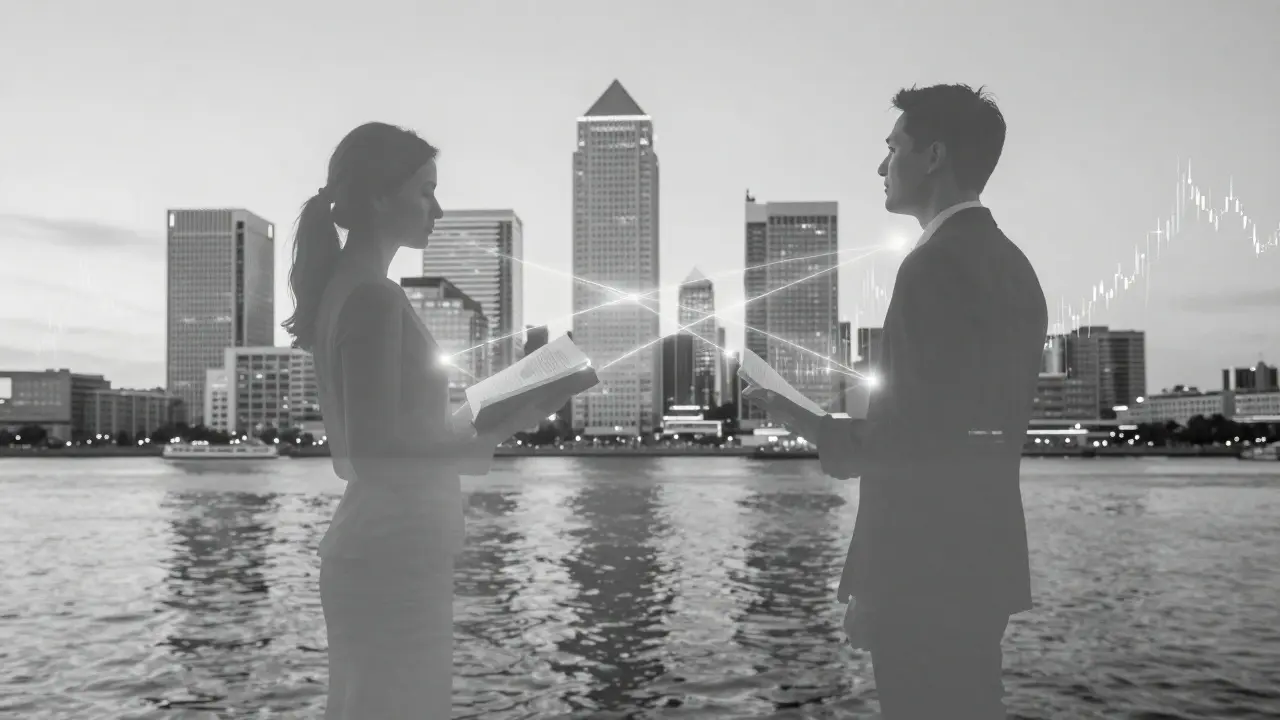 Transparent silhouettes of a man and woman connected by glowing threads, symbolizing emotional connection in Canary Wharf.