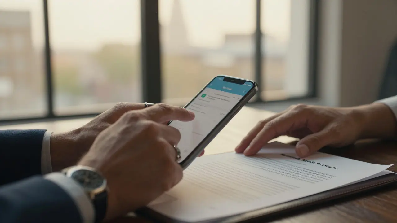 Trembling hand sending a payment while a contract with &#039;No refunds. No guilt. No excuses.&#039; rests beside it in soft focus.