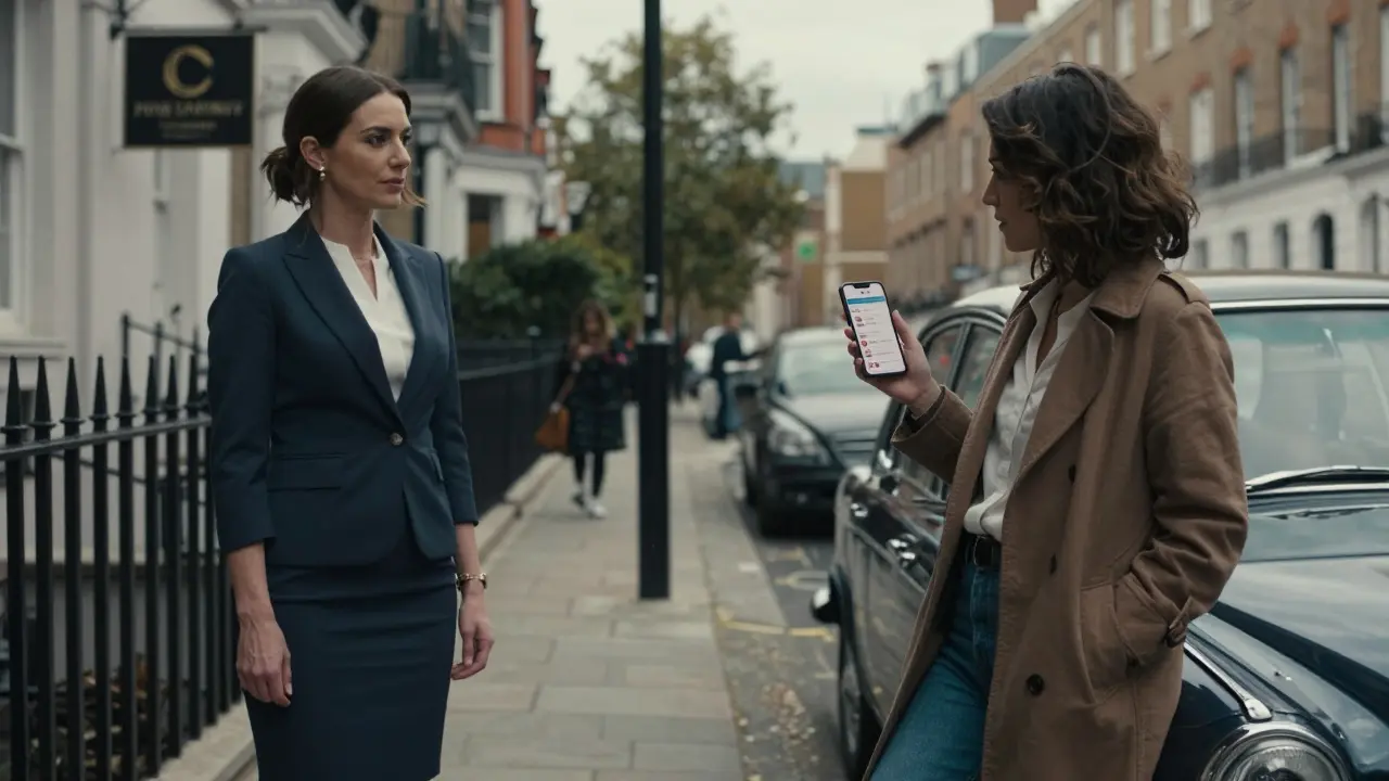 Two escort profiles contrast: one at a high-end agency building, another by a car in a quiet street.