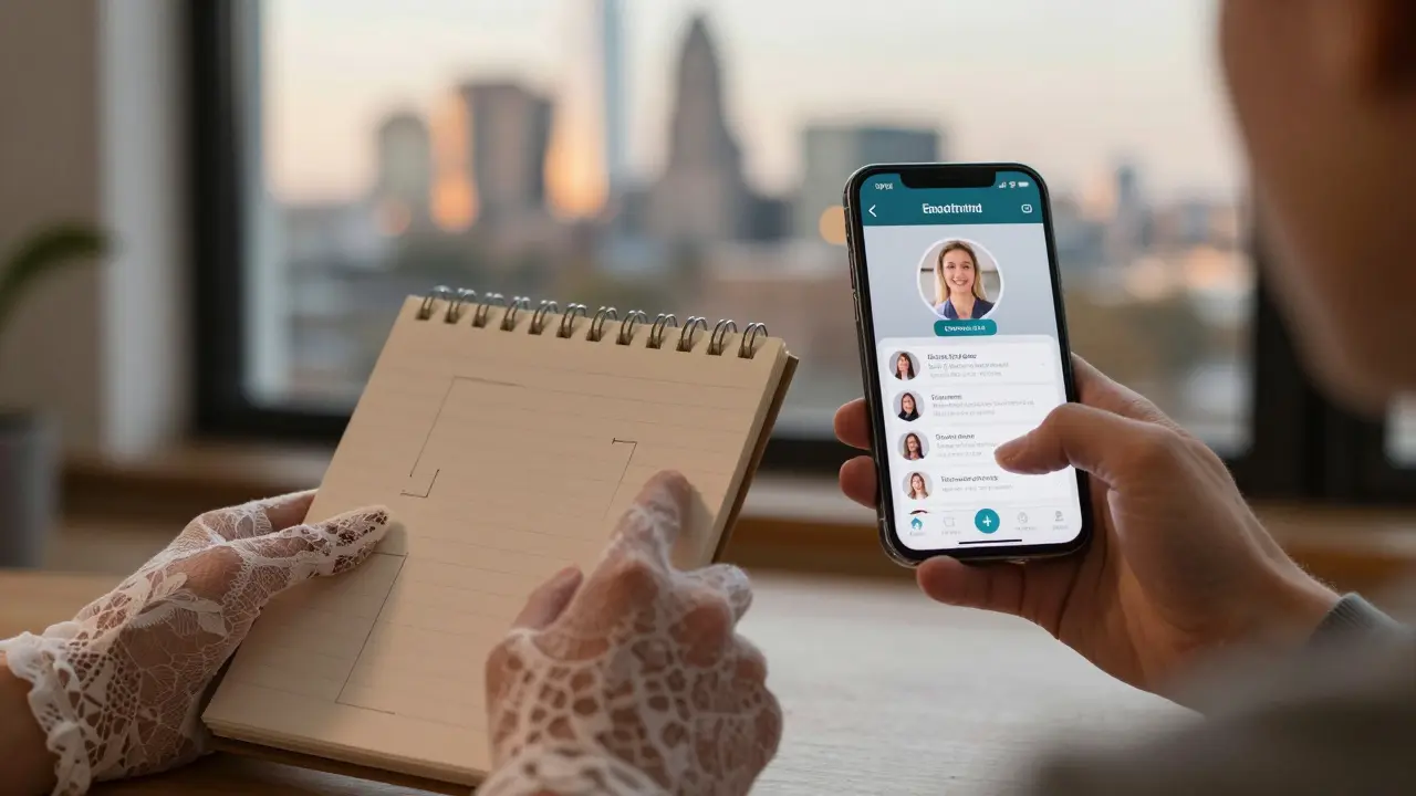 Two hands communicate via video call, one holding a notepad with boundaries, against a soft London cityscape background.