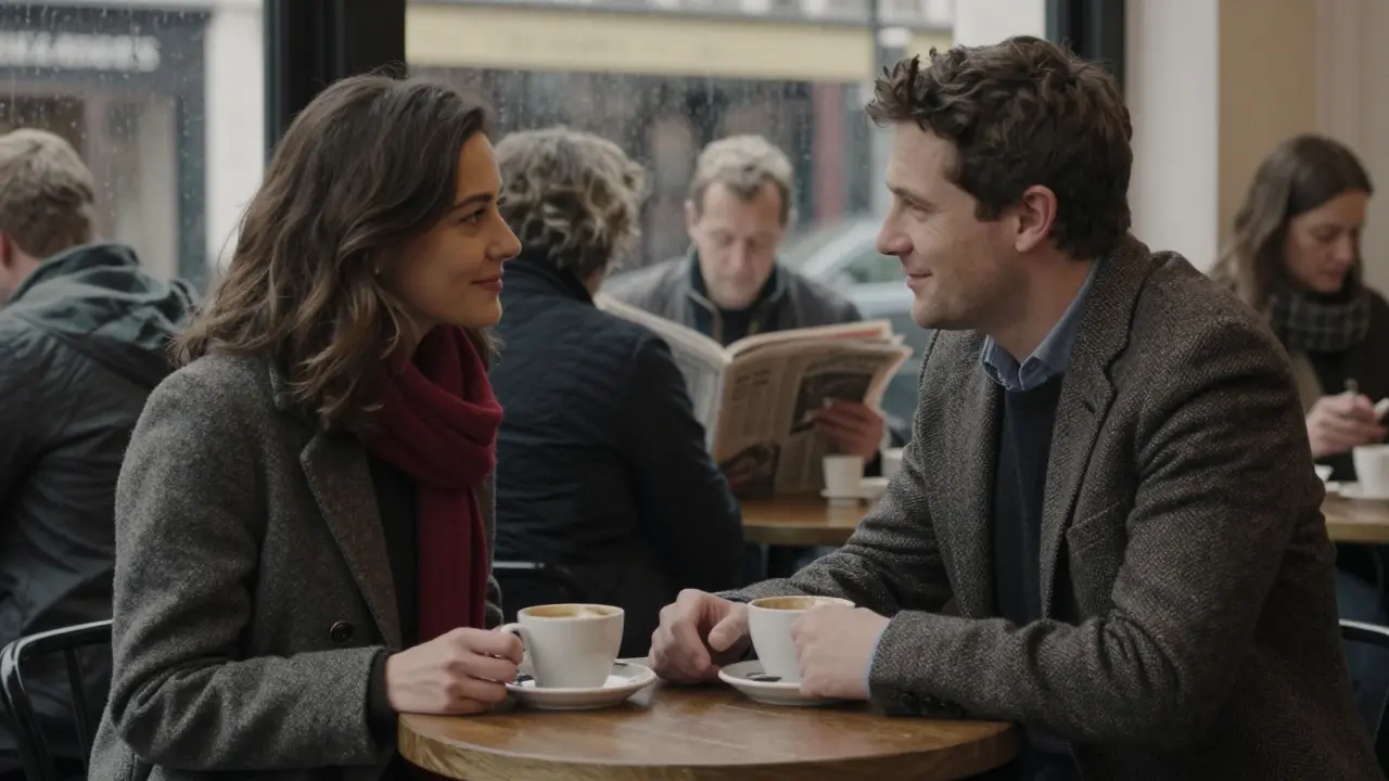 Two people share a gentle moment over coffee in a quiet London café, no words needed.