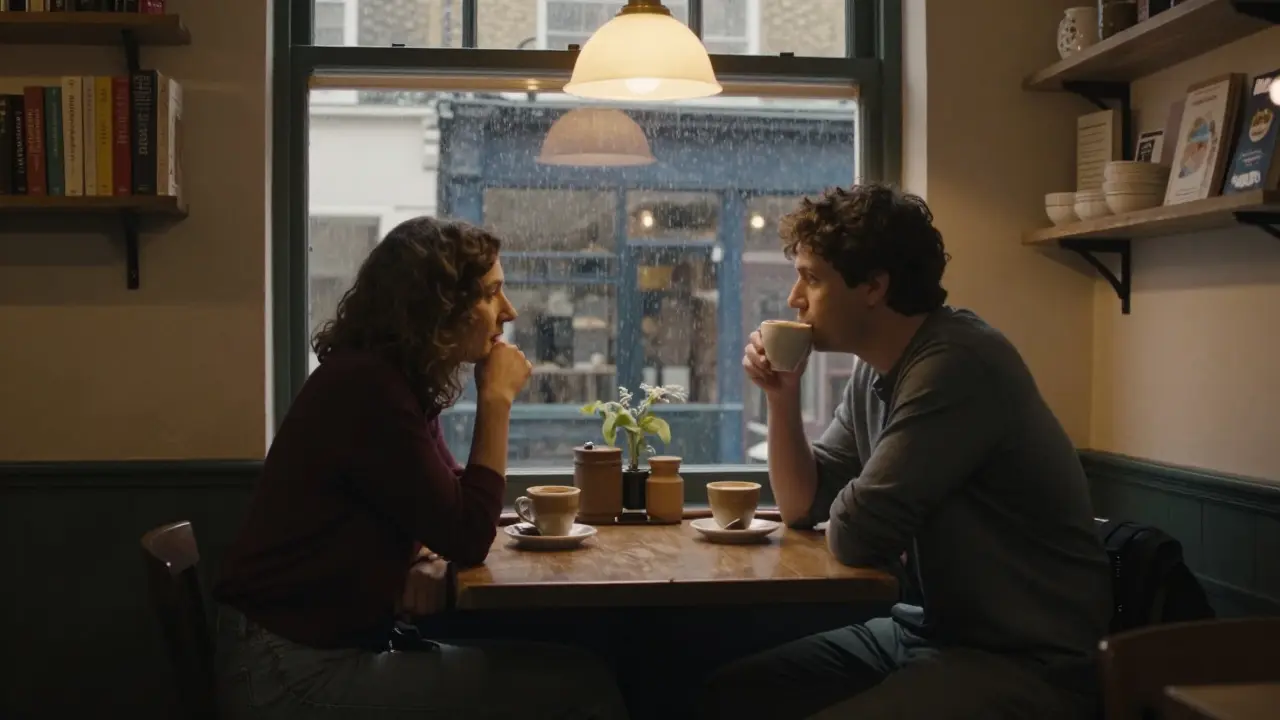 Two people share coffee in a warm, intimate café on Sutton High Street, rain on the window behind them.