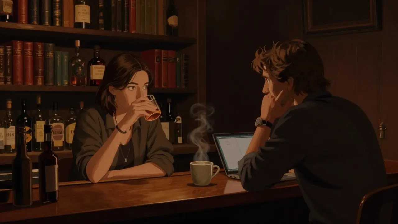 Two people sit quietly in a hidden bar behind bookshelves, sipping whiskey under warm amber light in Canary Wharf.