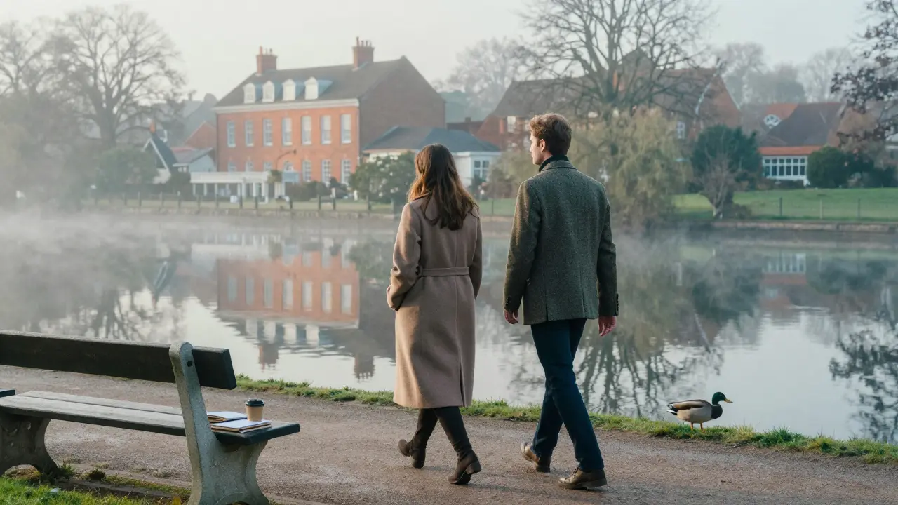 Two people walking peacefully along the River Pinn in Pinner during a misty morning.