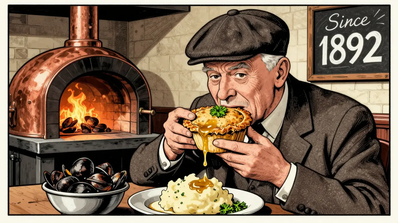 Vintage comic-style image of a traditional pie and mash shop in Peckham with copper oven and classic Londoner eating.