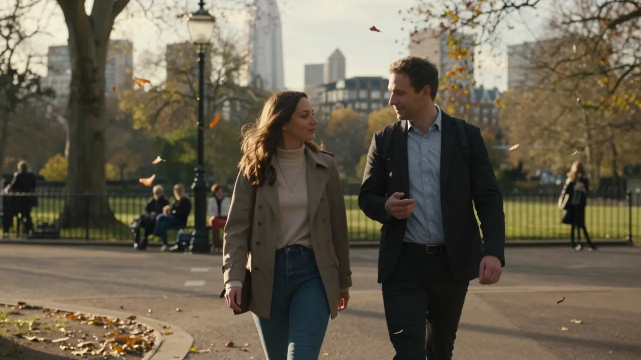 A man and woman walk calmly through Hyde Park at sunset, sharing a thoughtful conversation without physical closeness.