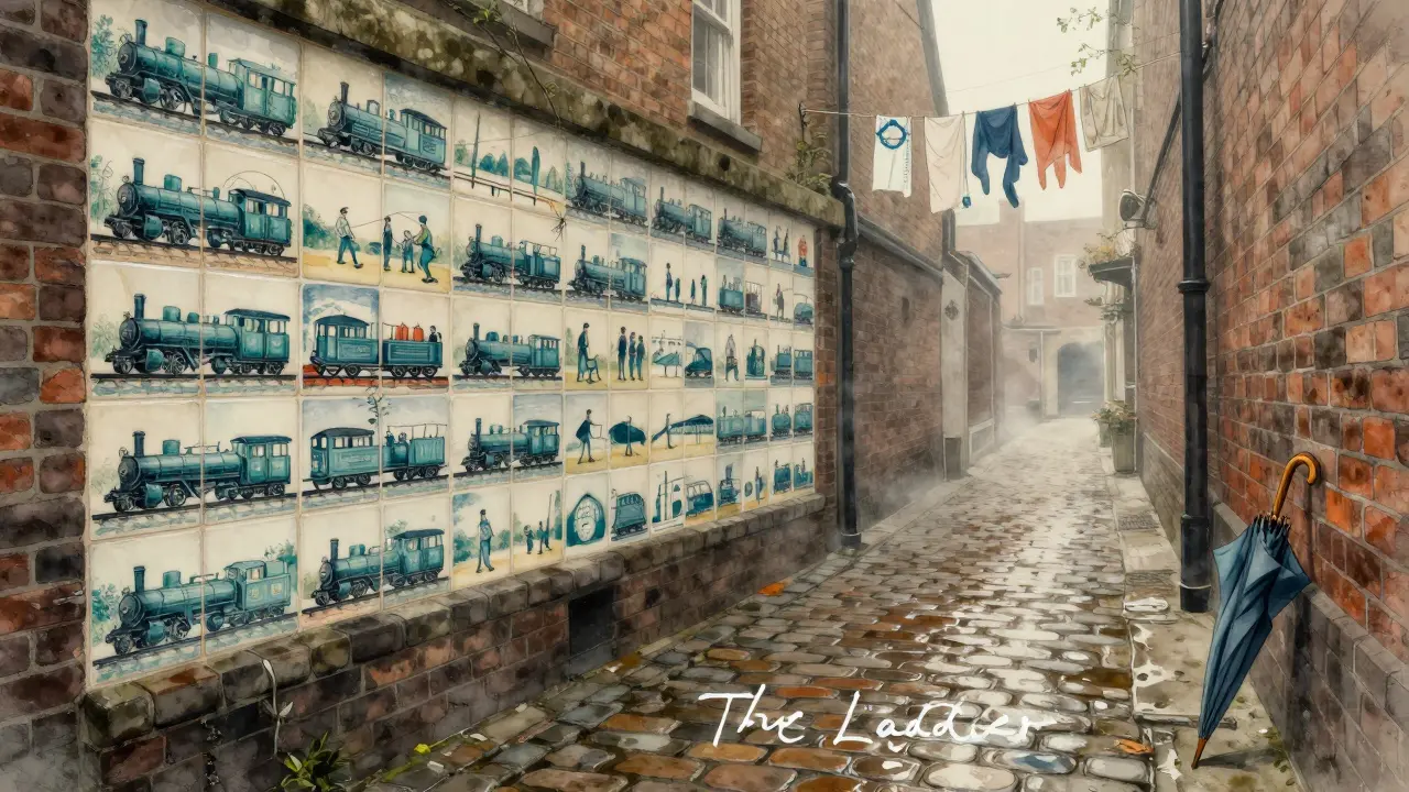 A narrow alley in Deptford lined with hand-painted 1920s ceramic tiles depicting scenes of old London life.