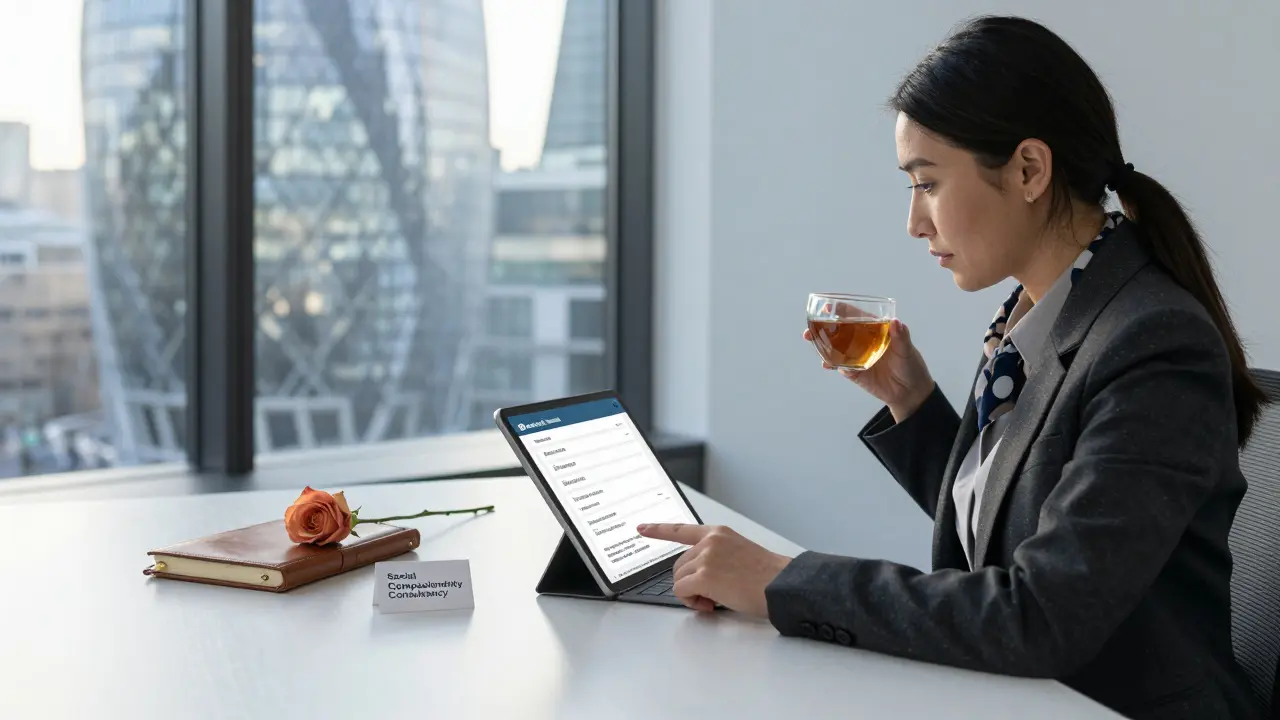 A professional woman reviewing encrypted payments in a sunlit London office, symbolizing discreet companionship services.