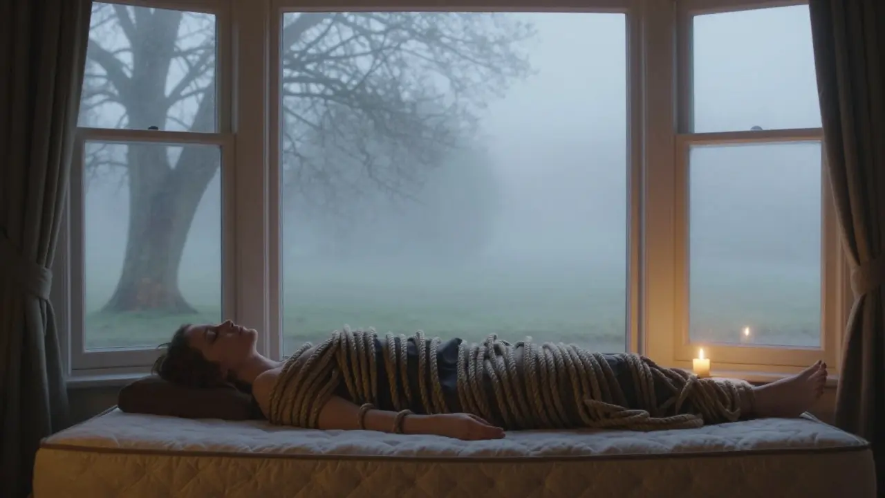 A solitary figure wrapped in rope at dawn in a Kent countryside house, surrounded by stillness.