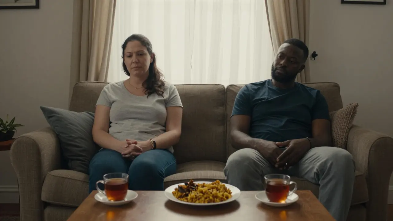 A woman and man sharing peaceful silence in a London flat, cultural food on the table, soft daylight.