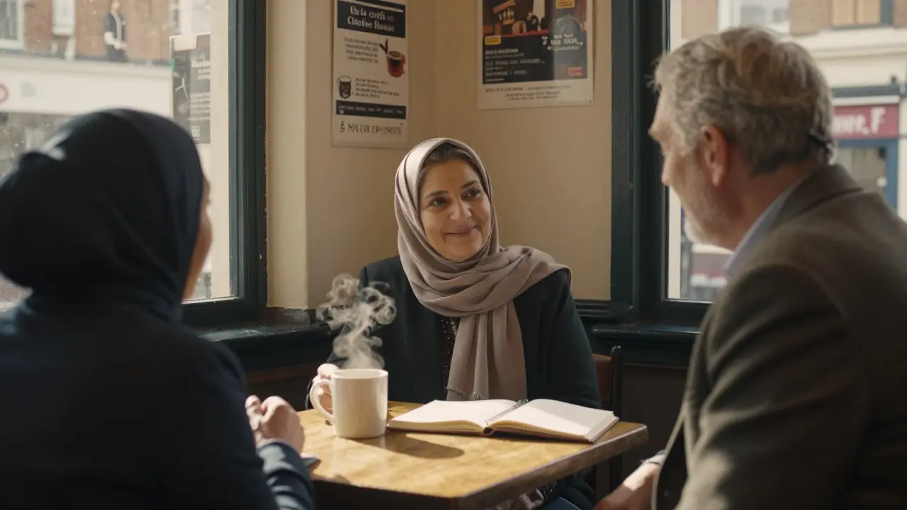 A woman in a headscarf and a man in a tweed jacket talking warmly over coffee at a local Barking cafe.