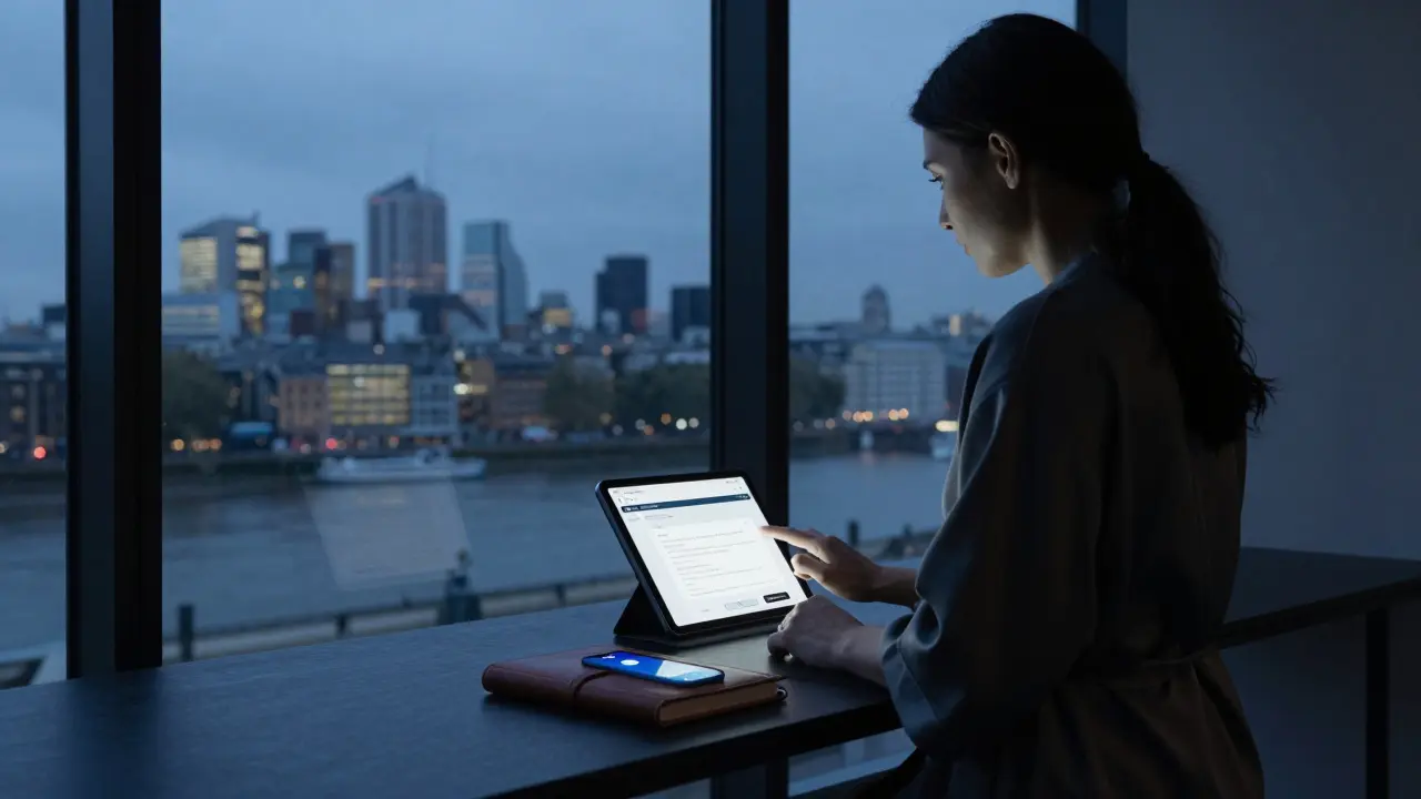 A woman in a robe standing by a window in a London apartment, checking a secure booking tablet, city lights glowing behind her.