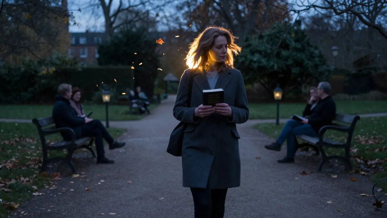 A woman walking alone through Kensington Gardens at dusk, holding a book of poetry.