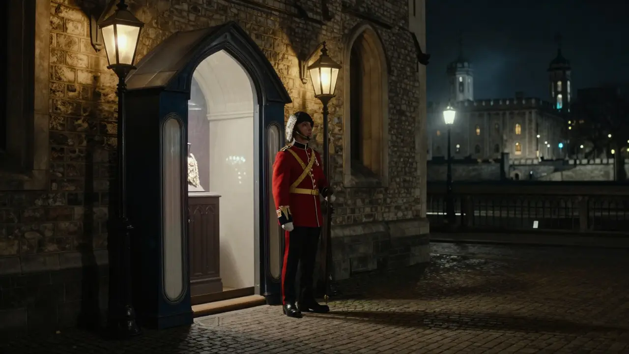 A Yeoman Warder guards the Crown Jewels at night under lantern light, shadows stretching across cobblestones.