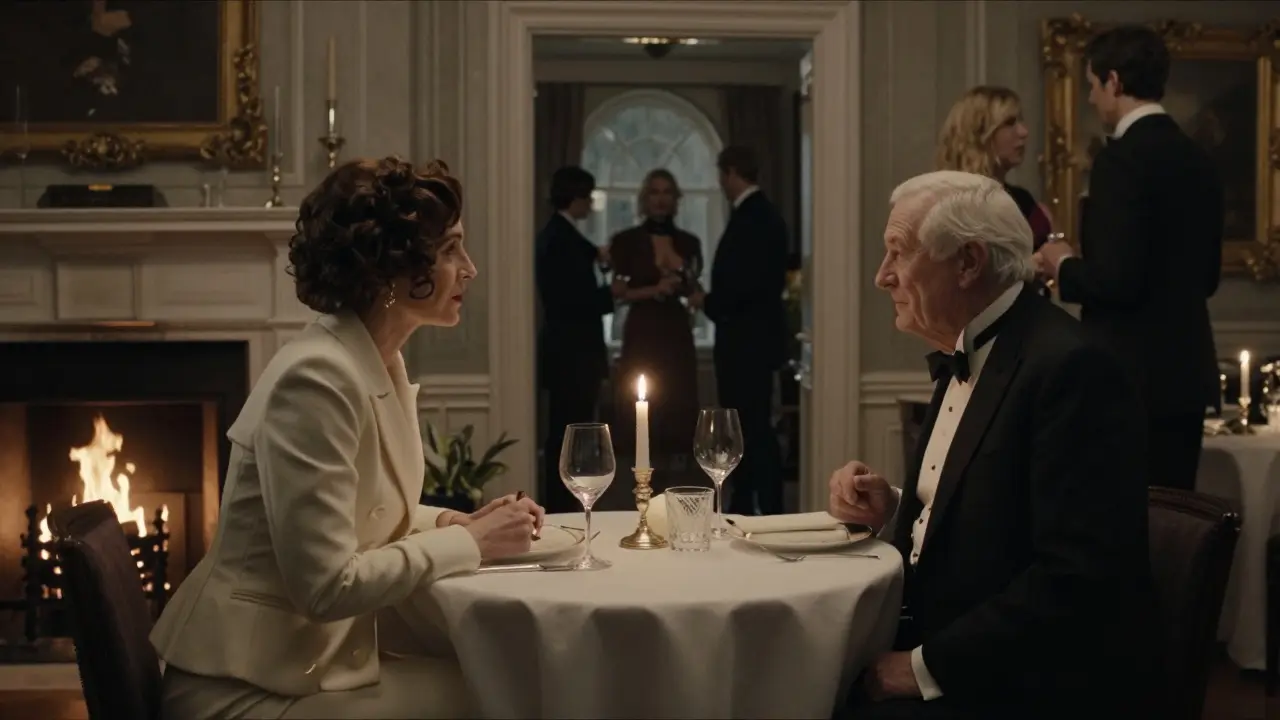 An elderly man and a woman sharing a quiet, attentive moment at a candlelit private dinner.