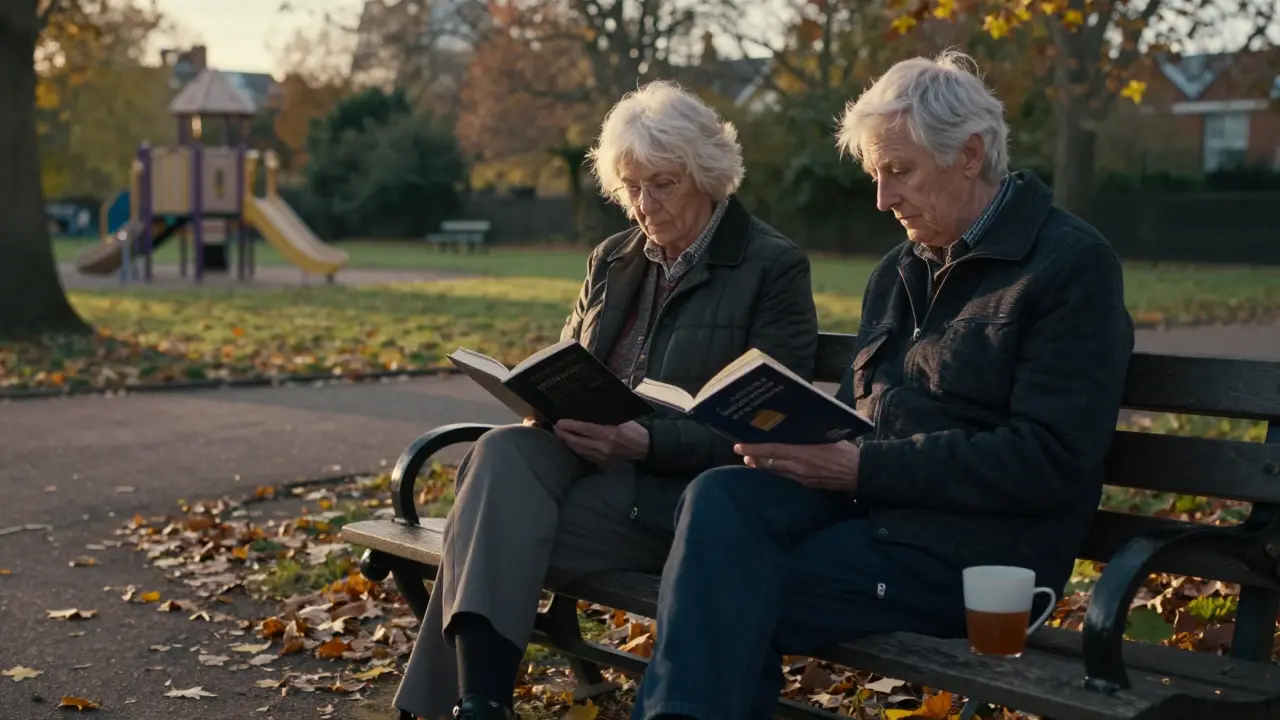 An elderly man and companion sitting on a park bench in Ealing, reading a book together at sunset.