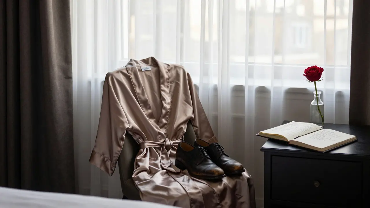 An empty hotel suite at dawn holds subtle traces of a meaningful encounter — robe, notebook, and a single rose.