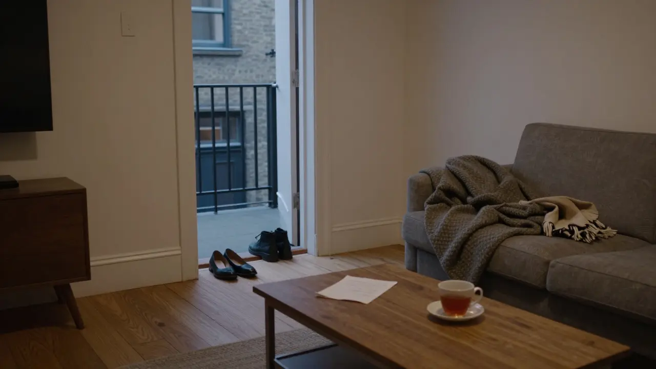 An empty, neatly kept apartment with shoes by the door and a teacup on the table, hinting at a recent, calm visit.