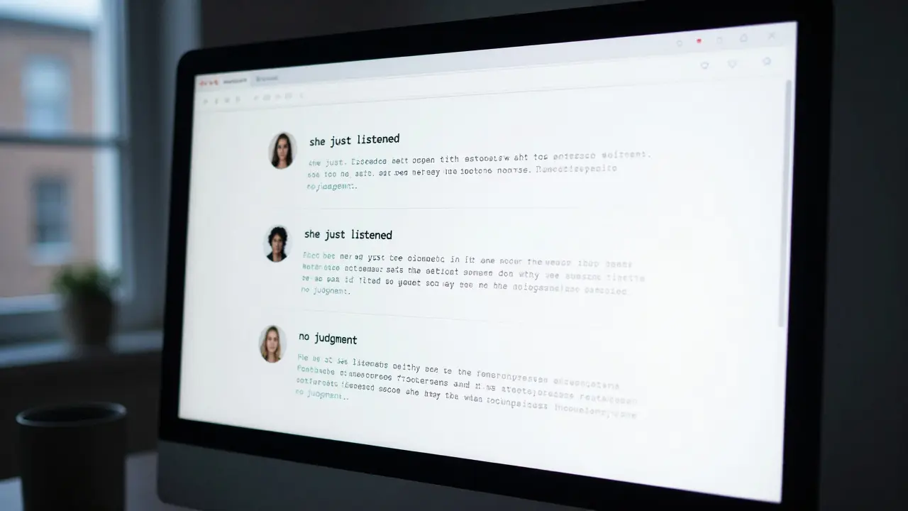 Computer screen showing honest client reviews in a dark room, soft glow, realistic text.