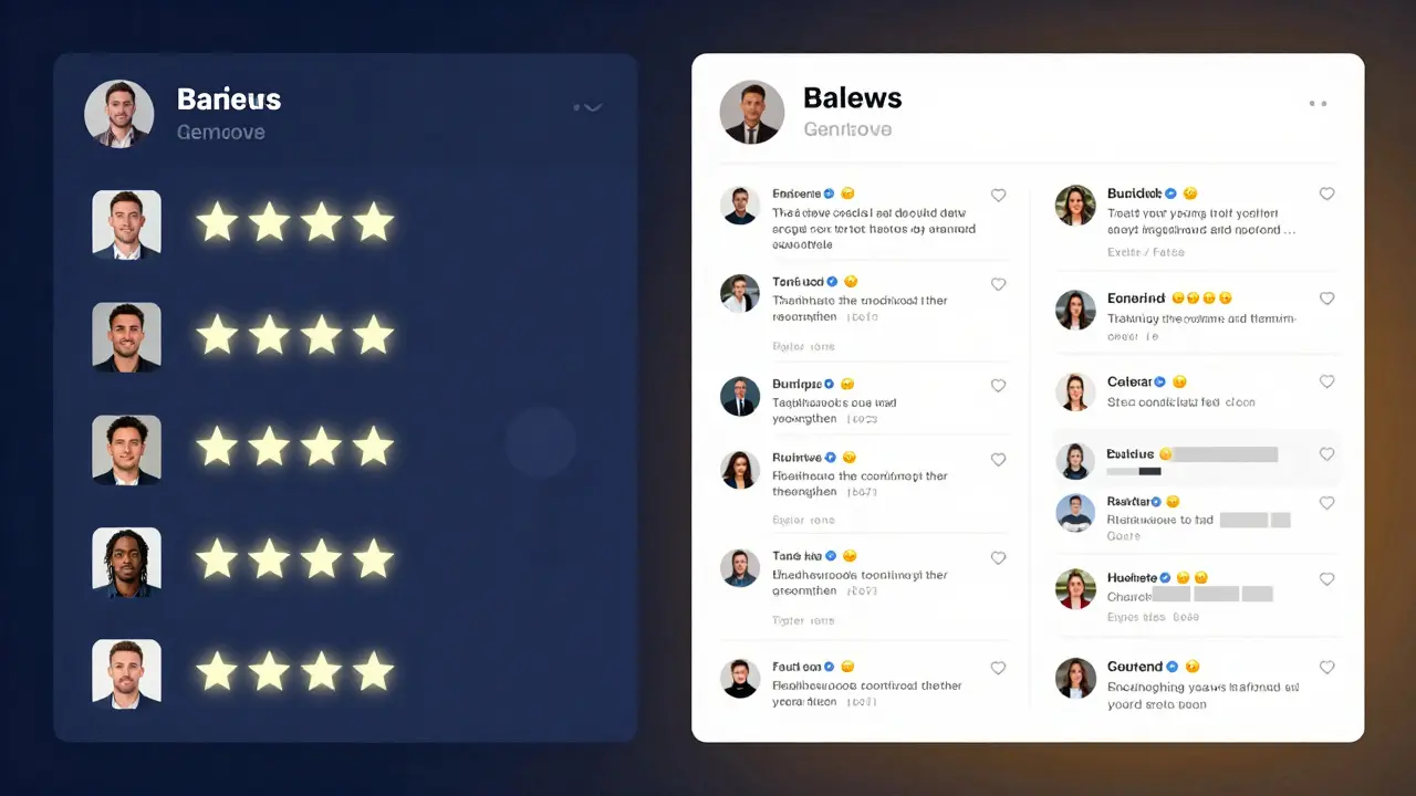 Contrasting fake and verified escort review profiles on a digital screen, color-coded for trust.