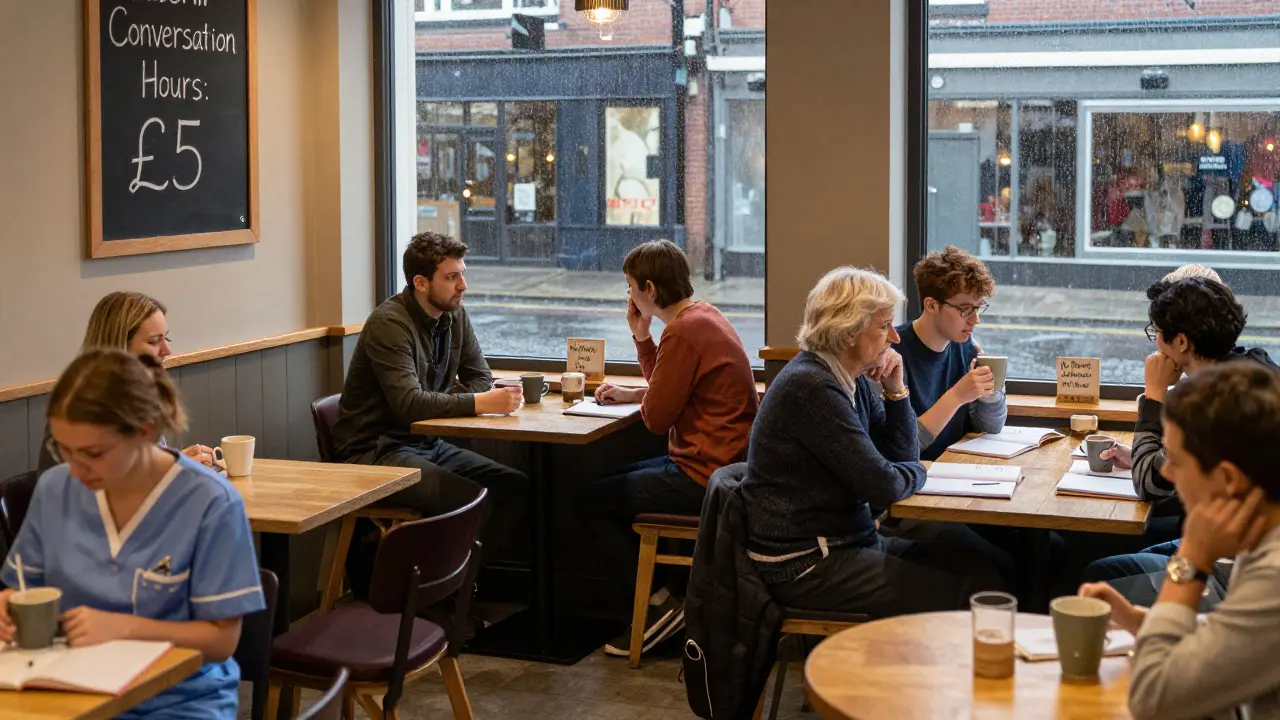 Diverse people sit quietly at a café in Barking, talking without phones, bathed in warm light as rain falls outside.