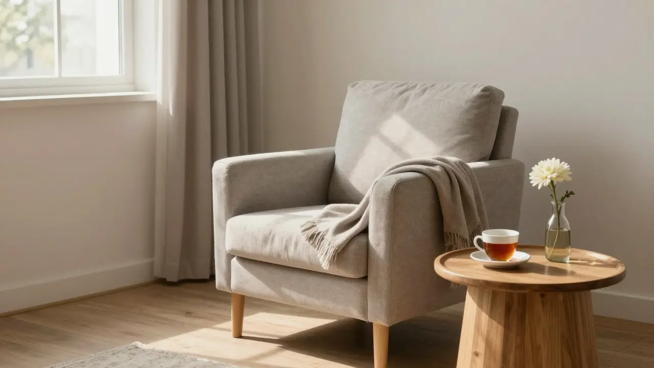 Empty armchair with tea and flower in a modest living room, morning light, quiet aftermath.