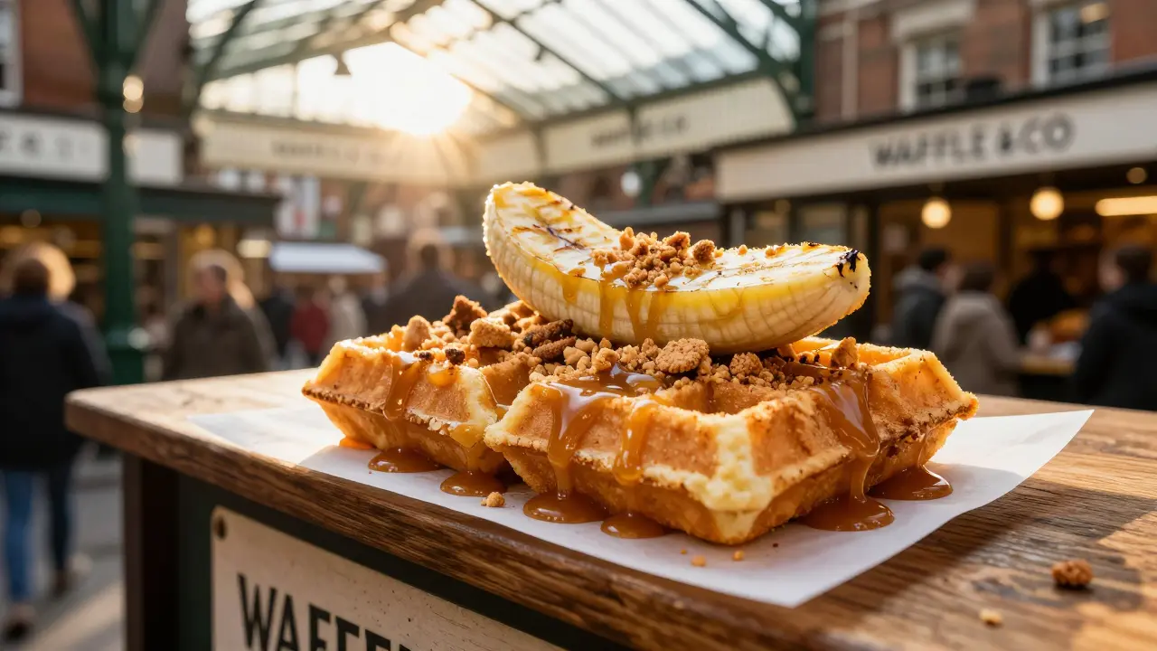 Golden hour waffle with dripping caramel and roasted banana at Borough Market.