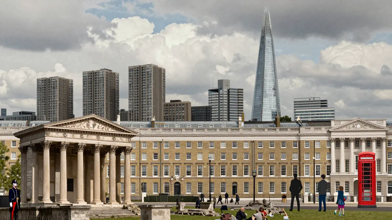 Layered architectural timeline of London from Roman ruins to modern skyscrapers with subtle human silhouettes.