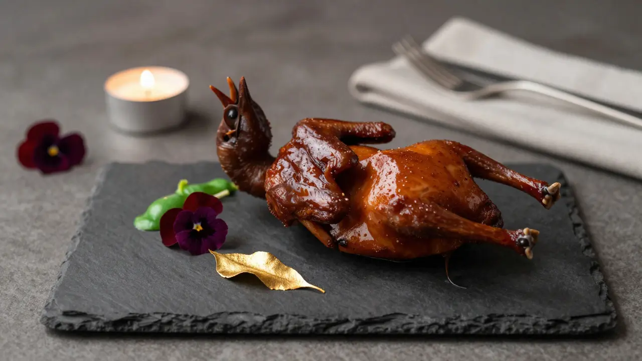 Roasted quail with gold leaf and edible flowers on slate plate at The Ledbury.