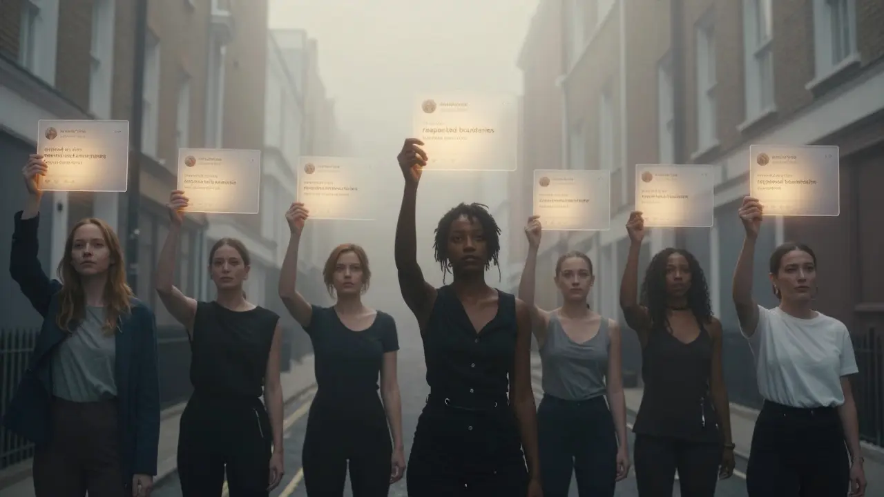 Silhouettes of workers in a London alley with floating transparent reviews displaying honest client feedback.