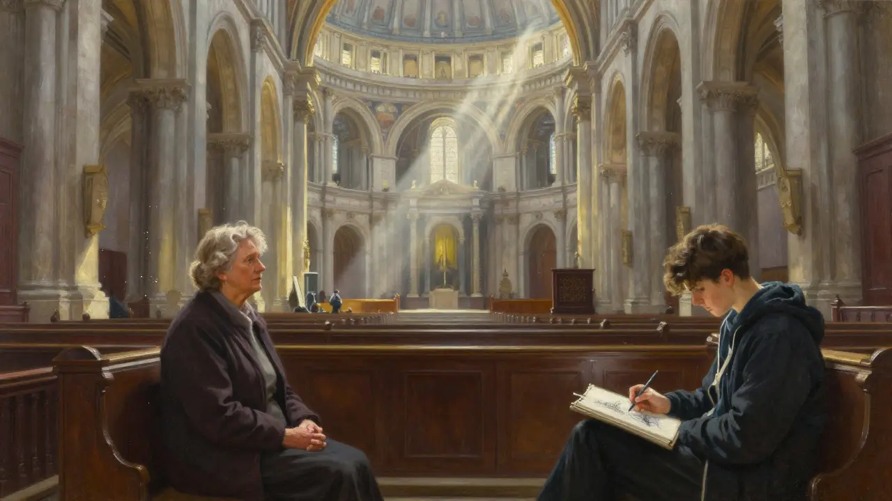 Sunlight streaming through St Paul’s Cathedral at dawn, illuminating quiet figures in the nave.