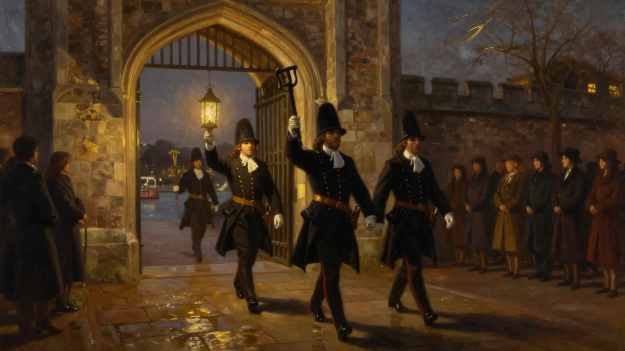 The Ceremony of the Keys at the Tower of London, Beefeaters with lanterns closing the gate at dusk.