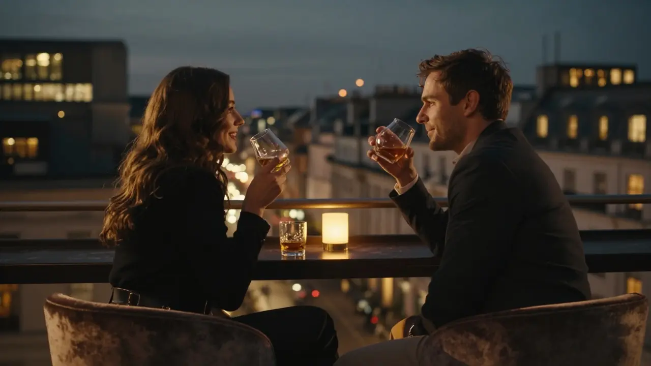 Two people at a rooftop bar in Mayfair, sipping drinks as London lights shimmer behind them, silent connection in the air.