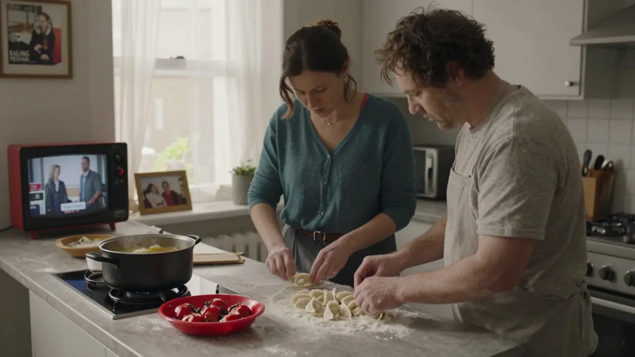 Two people cooking pierogi together in a warm kitchen, a Polish film playing softly in the background.