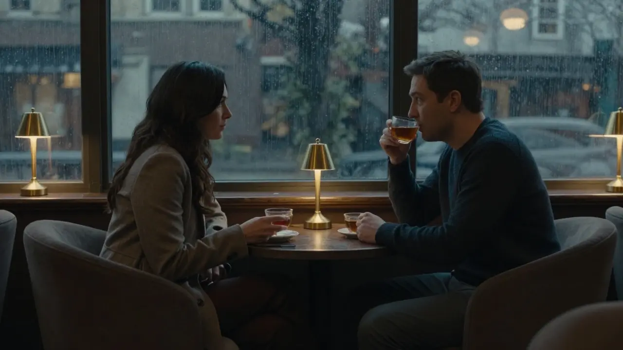 Two people having a quiet, non-physical conversation in a hotel lounge at dusk.