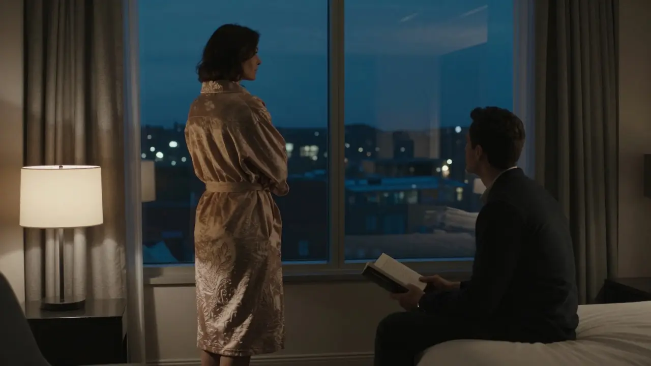 Two people in a modest hotel room, one standing by the window, the other reading quietly.