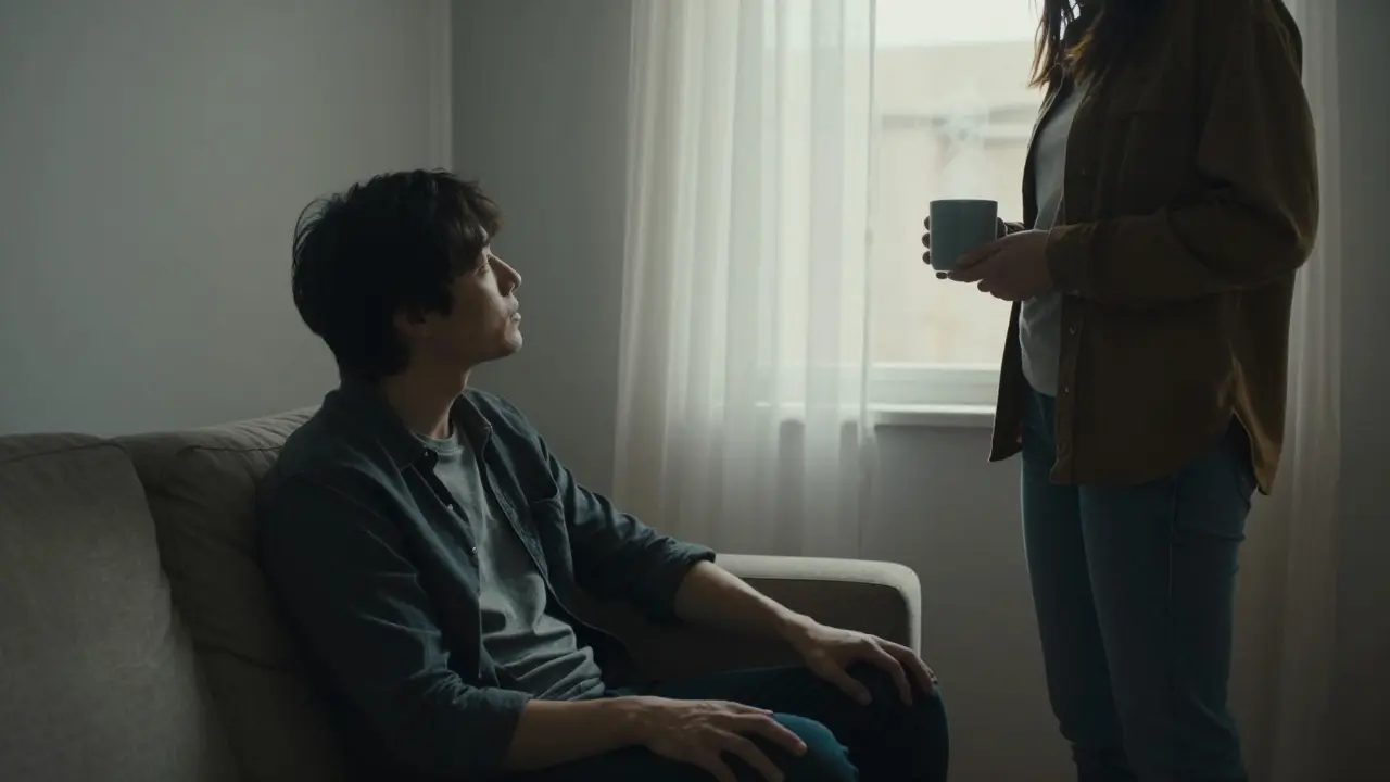 Two people in a peaceful room, sharing a quiet moment without physical contact, bathed in natural daylight.