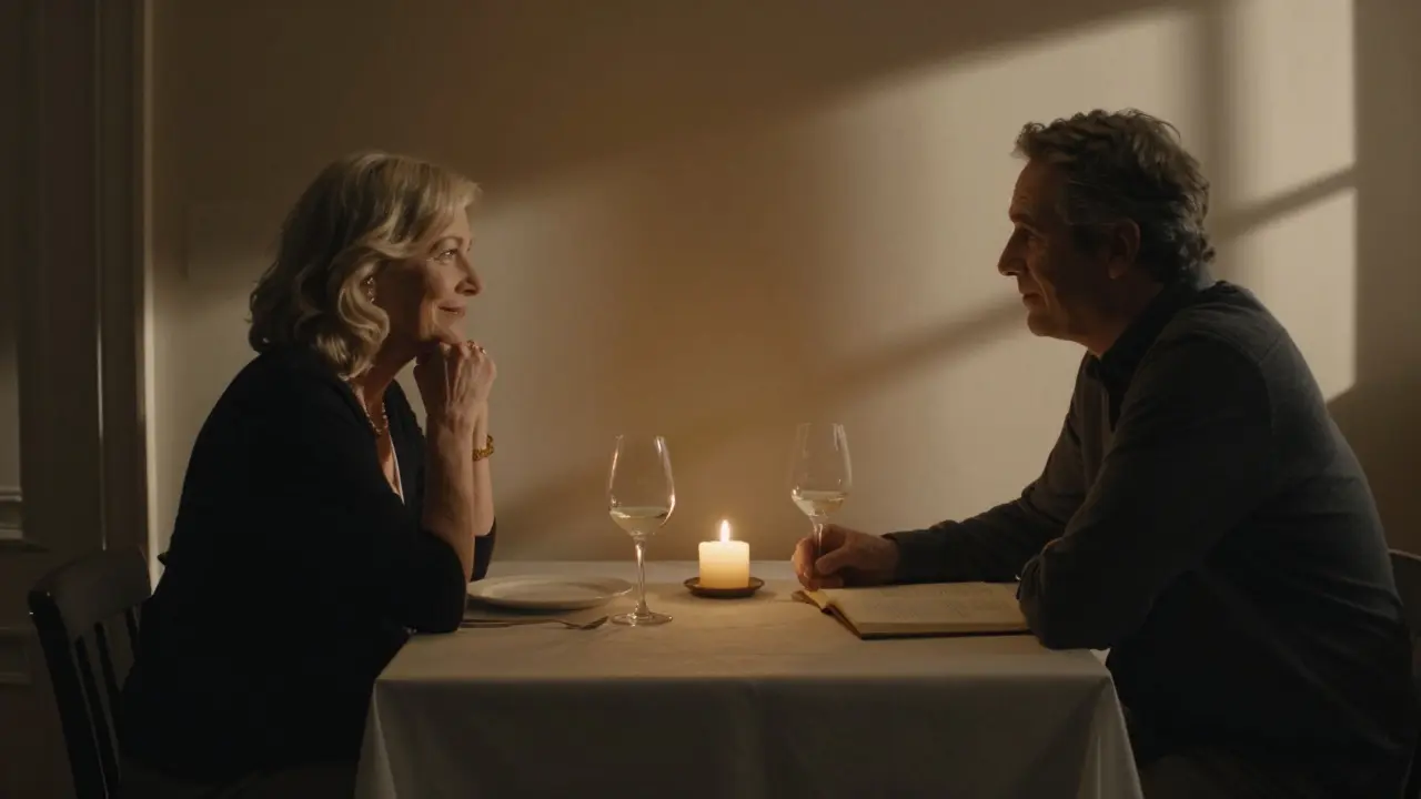 Two people share a quiet, meaningful conversation over dinner in a discreet London apartment.