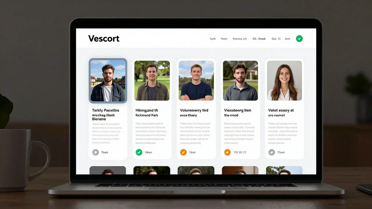 Verified escort profiles on a laptop screen showing detailed bios and verification icons.
