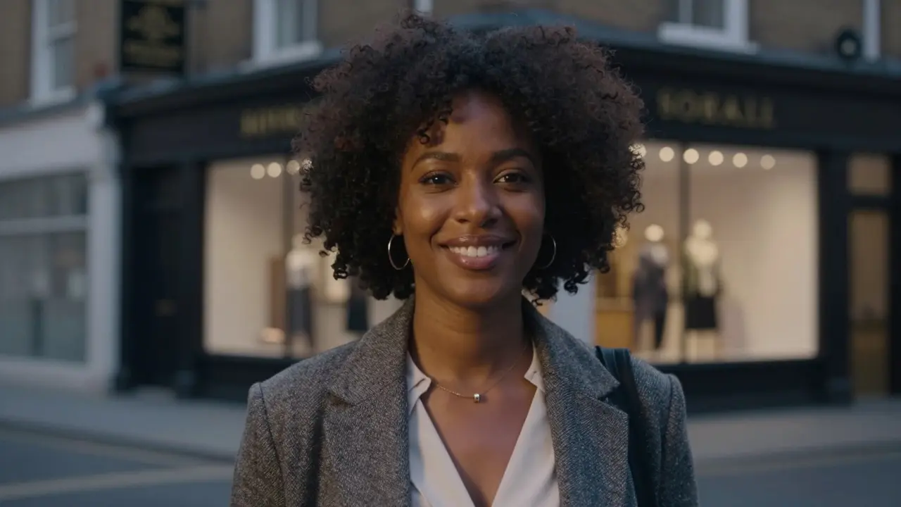 A confident woman with Afro-Caribbean features standing confidently on a London street at twilight.