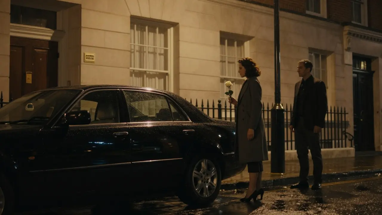 A discreet black sedan and escort with a white rose meeting a client outside a luxury London hotel at night.