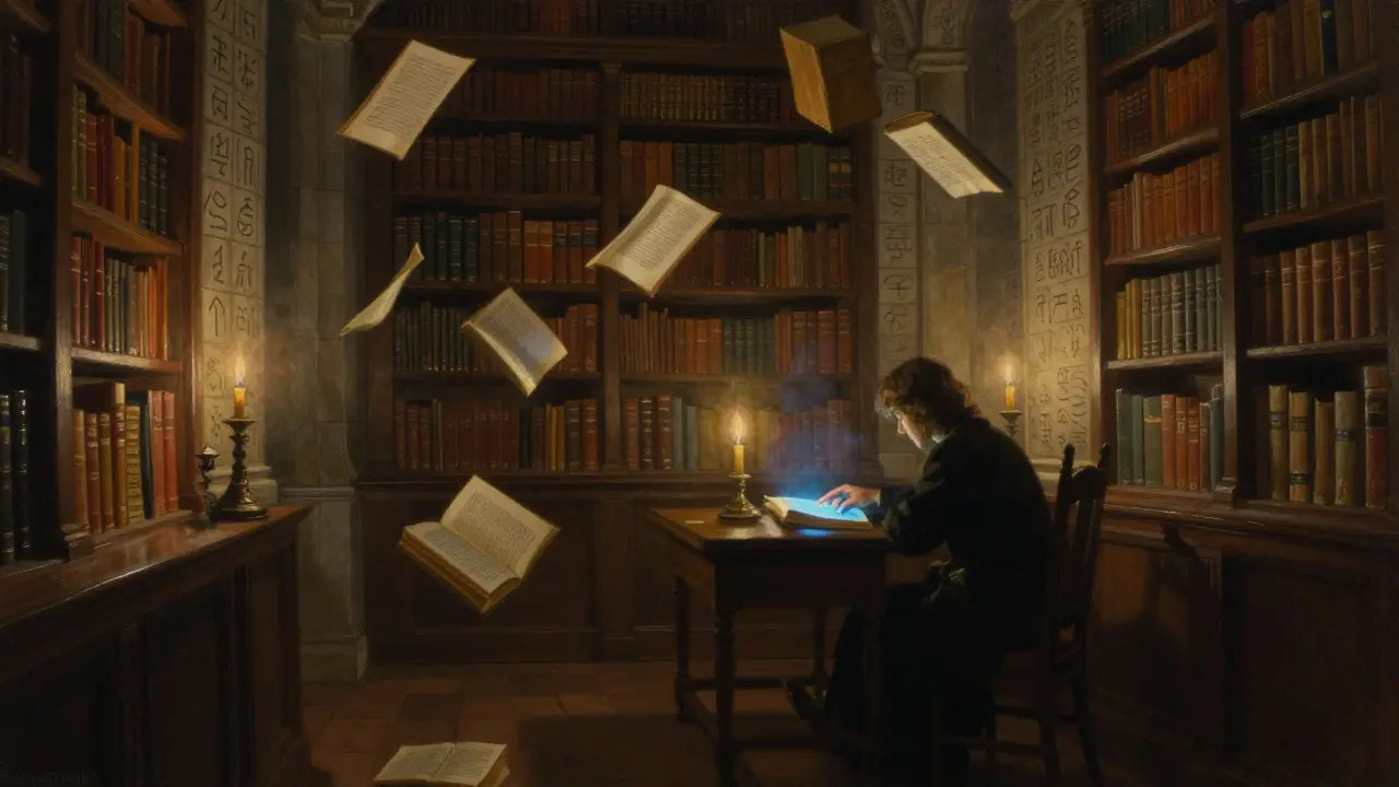 A hidden library with floating books and a figure sitting among cryptic stone carvings.