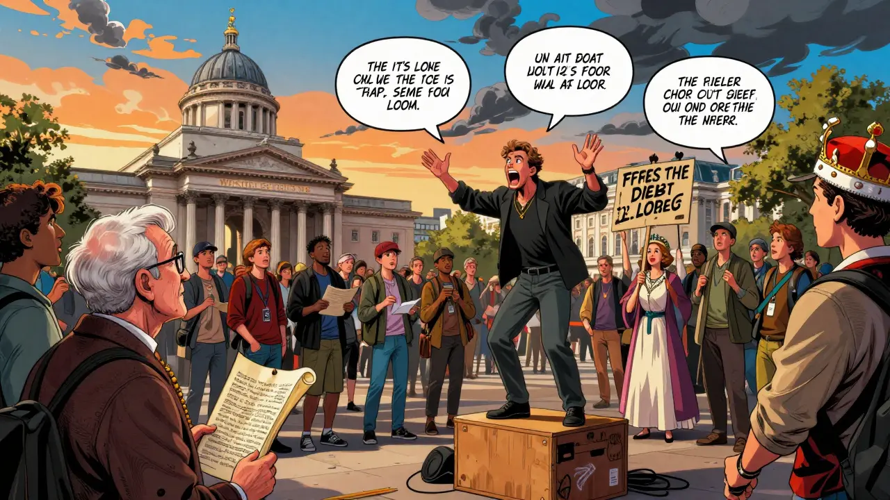 A lively crowd at Speaker’s Corner listening to a speaker, with the Wellington Arch in the background and vibrant speech bubbles overhead.