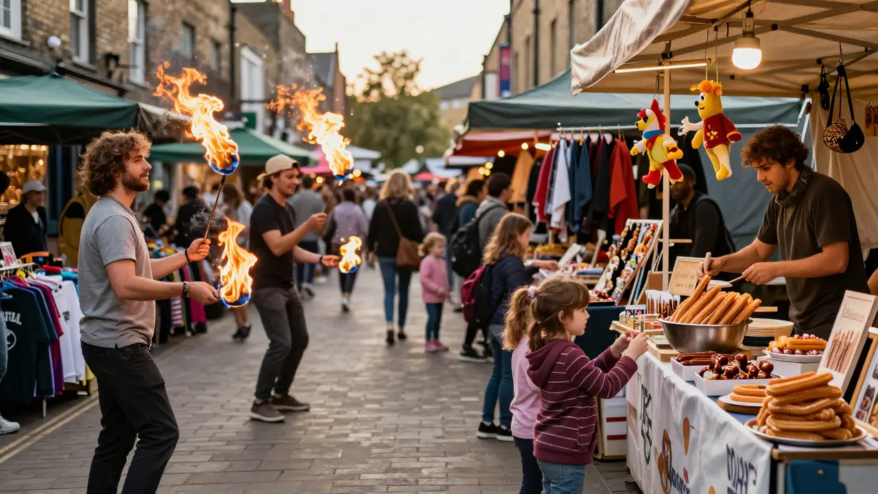 A lively Sunday at Camden Market with street performers, food stalls, and a family enjoying churros.
