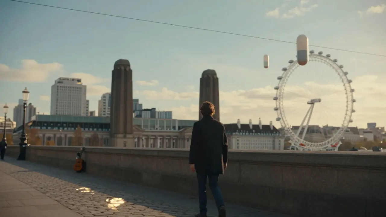 A lone walker along London's South Bank watching the London Eye capsules pass by.