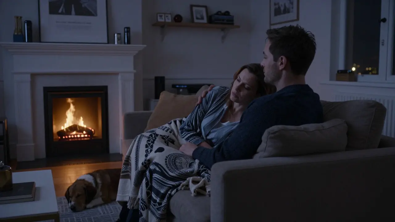 A man and woman wrapped in blankets on a sofa, watching a movie together in quiet, tender presence.