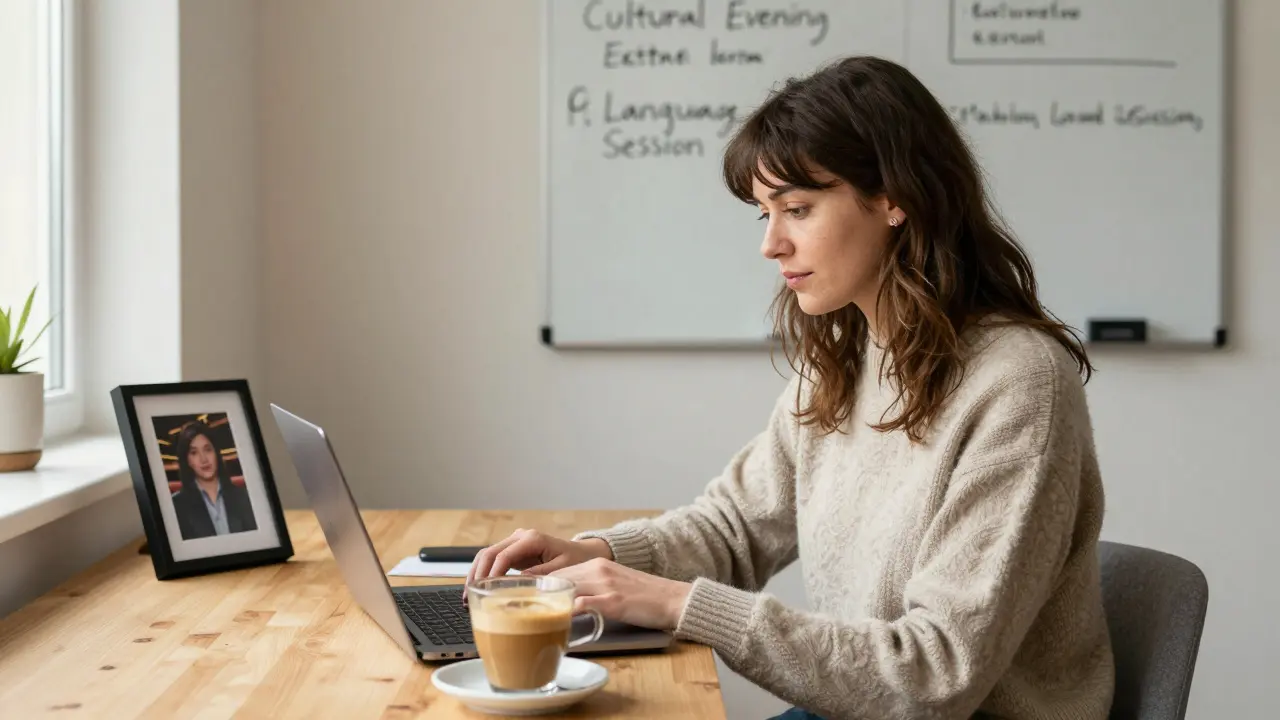 A professional companion working quietly in a sunlit London apartment, surrounded by subtle signs of her curated client engagements.