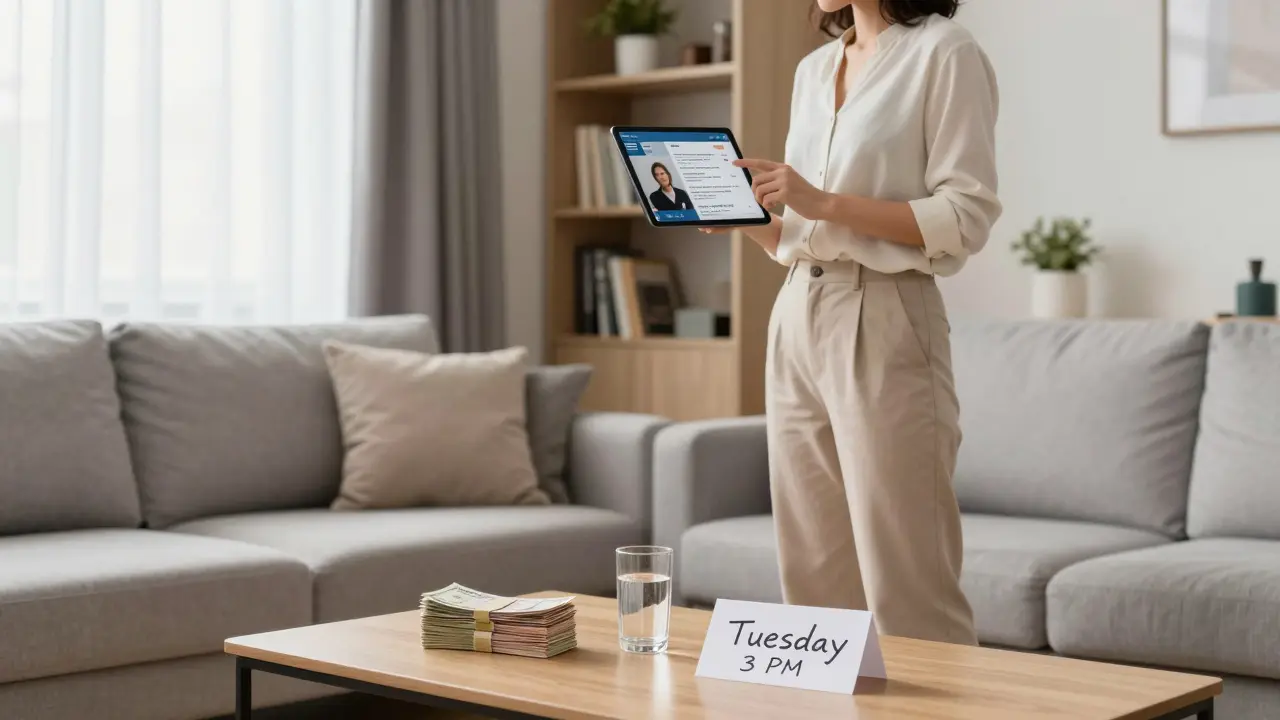 A professional escort in a tidy apartment, displaying a verified profile on a tablet with cash on the table.